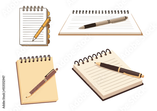 Notepad with spiral binding and pen lying across in flat vector illustration