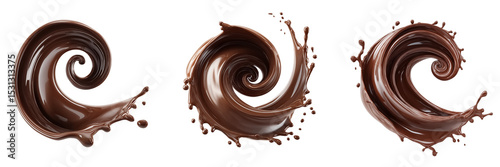 A top view of swirling chocolate forming a circular splash on a transparent background