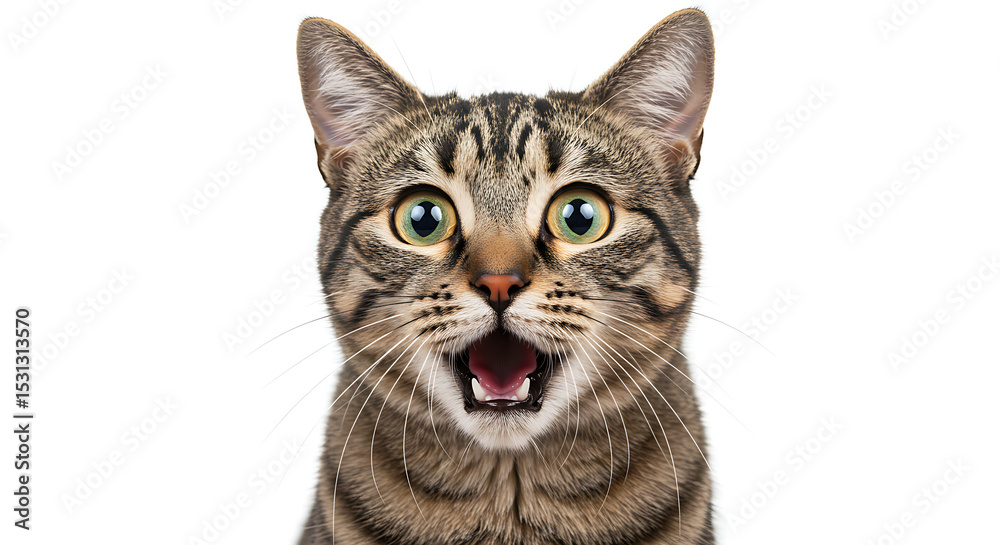 Fototapeta premium Surprised Tabby Cat with Wide Open Mouth A Close-Up Portrait