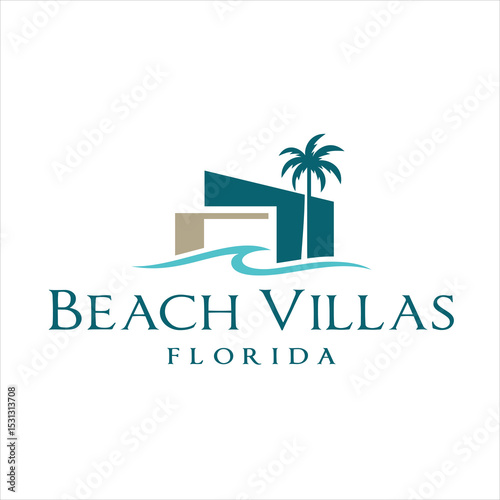 Beach Villa Logo Vector – Modern Coastal Resort Design with Palm Tree and Ocean Wave