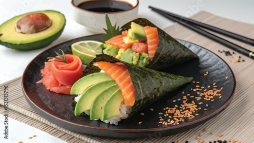Fresh healthy salmon and avocado salad with green vegetables on a white plate