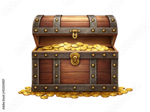 Wooden treasure chest overflowing with gold coins, isolated on transparent
