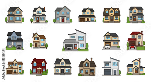 Vector icons Set of  Cartoon collection of fifteen unique houses with varying architectural styles and colors. Vector Illustrations