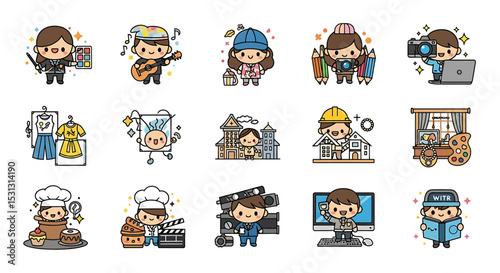Vector icons Set of  Cartoon Characters Depicting Various Professions and Hobbies in a Playful Style. Vector Illustrations