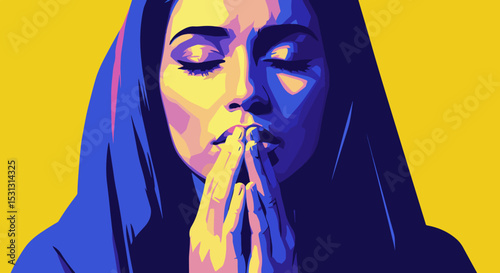 Woman in prayer with headscarf, yellow and blue colors, solid yellow background