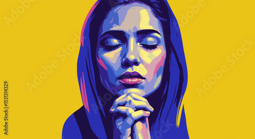 Vivid stylized illustration of female with long dark hair in prayer pose