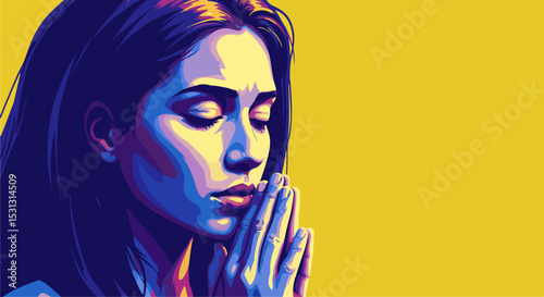 Stylized portrait of a woman with hands clasped in front of her face, blue and yellow color palette