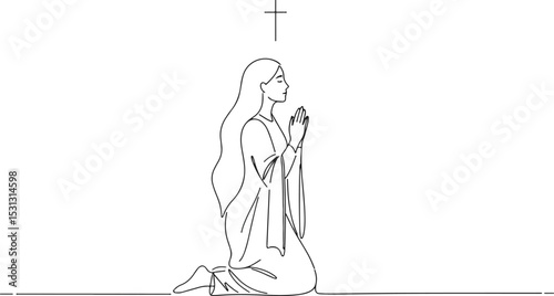 Monochromatic line drawing of a female kneeling in prayer with a cross above her head