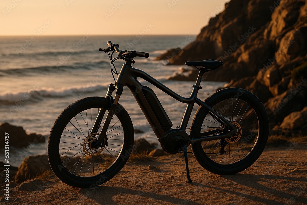 Fototapeta premium Electric bicycle on coastal path at sunset