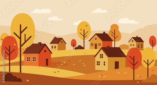 Flat cartoon village with red house in autumn rural landscape