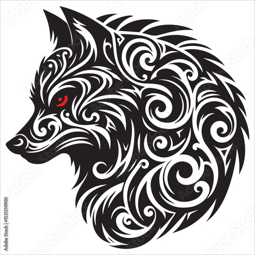 Tribal Wolf Silhouette Vector,A tired wolf howling while sitting lazily vector animal silhouette,Isolated fenrir wolf mythological symbol with snarling pose and tribal patterns