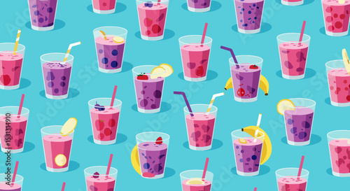 Clear cups with purple drink and colorful garnishes on teal background
