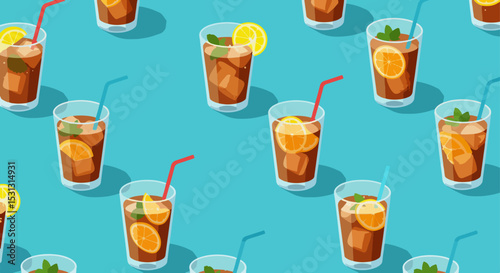 Grid pattern of iced tea glasses with lemon, mint, and red straws on turquoise background