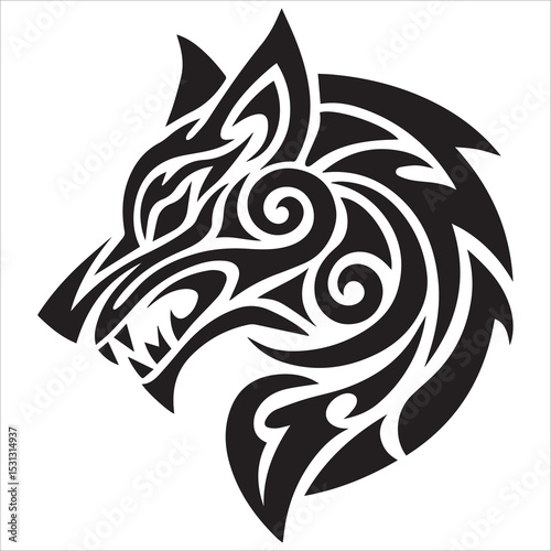 Tribal Wolf Silhouette Vector,A tired wolf howling while sitting lazily vector animal silhouette,Isolated fenrir wolf mythological symbol with snarling pose and tribal patterns