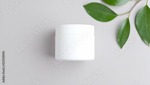 White jar with green leaves on a light gray background.