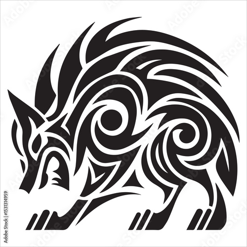 Tribal Wolf Silhouette Vector,A tired wolf howling while sitting lazily vector animal silhouette,Isolated fenrir wolf mythological symbol with snarling pose and tribal patterns