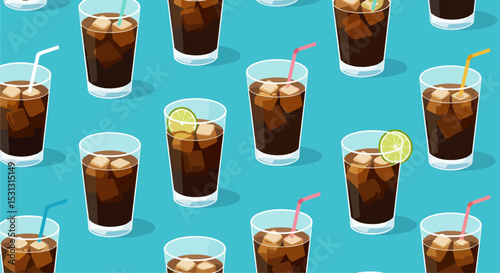 Grid of tall clear glasses with dark brown iced beverages and colorful straws on turquoise background