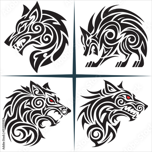 Tribal Wolf Silhouette Vector,A tired wolf howling while sitting lazily vector animal silhouette,Isolated fenrir wolf mythological symbol with snarling pose and tribal patterns