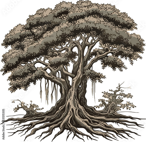 Vector illustration of an old banyan tree with roots, perfect for nature, forest, and tropical landscape designs