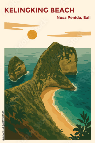 Vintage poster of Kelingking Beach, Nusa Penida, Bali view