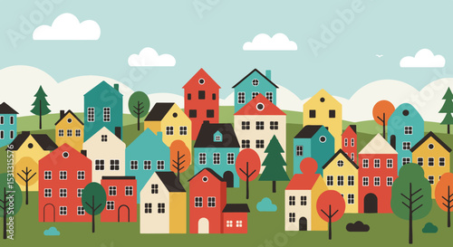 Vibrant neighborhood with colorful houses and trees in autumn transition