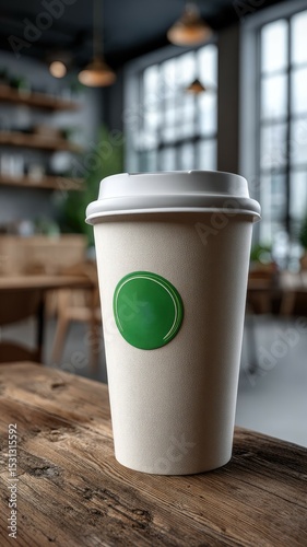 Paper coffee cup on wooden table