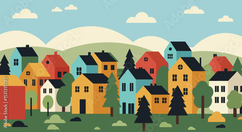 Illustration of colorful neighborhood with houses and green hills