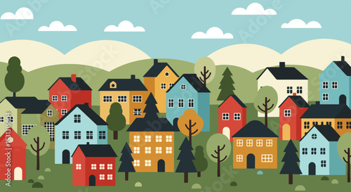 Illustration of colorful houses in a green hillside neighborhood