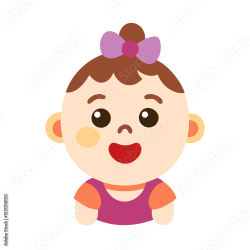 Vector icons Set of  Cheerful Cartoon Baby Girl with Purple Bow and Pink Dress. Vector Illustrations