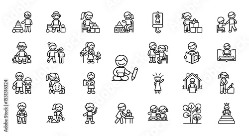 Vector icons Set of  Childcare Activities A Collection of Simple Line Icons Depicting Early Childhood Development. Vector Illustrations