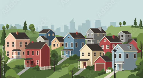 Illustration of colorful suburban neighborhood with houses on a hillside