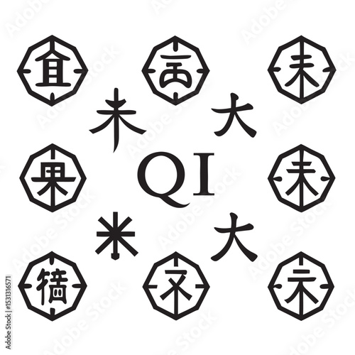 Black Line Art Q I Symbol with Octagonal Chinese Characters White Background