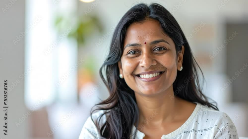 Warm Smile Portrait of a Beautiful Indian Woman in a Bright Indoor Setting Warm Smile Portrait of a Beautiful Indian Woman in a Bright Indoor Setting
