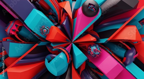 Energetic burst of colorful abstract geometric shapes create dynamic visual impact and movement.