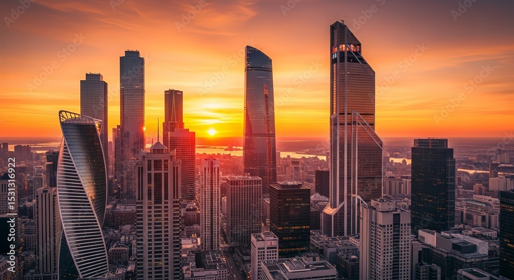 Obraz premium Golden sunset bathes modern skyscrapers in vibrant hues, creating a stunning urban skyline panorama.