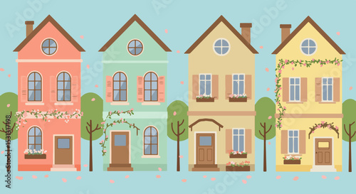 Four colorful houses in a picturesque neighborhood with trees and flowers