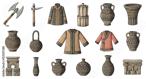 Vector icons Set of  Collection of Ancient Artifacts Weapons Vessels and Garments Illustrated. Vector Illustrations