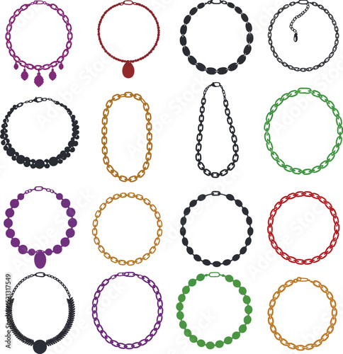 Stylish Vector Necklace & Bracelet Set: Colorful Beaded Chains, Elegant Jewelry Design Elements, Fashion Accessories for Diverse Digital & Print Projects.