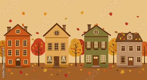 Illustration of three houses in an autumnal neighborhood with vibrant foliage