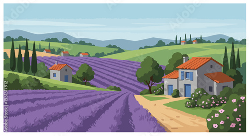 Illustration of lavender fields with winding dirt path and quaint houses in countryside