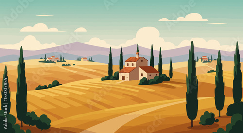 Sunlit dirt path through golden wheat field with cypress trees and rural houses