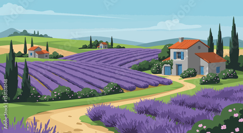 Illustration of a countryside scene with lavender fields, garden, and rustic house