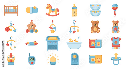 Vector icons Set of  Collection of colorful baby items including toys furniture and accessories. Vector Illustrations
