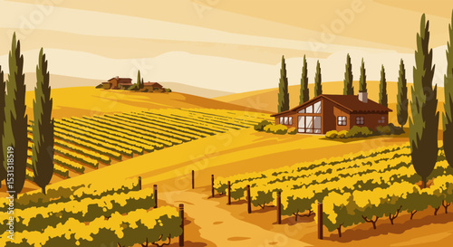 Illustration of a vineyard landscape with grapevines, cypress trees, and houses at sunrise or sunset
