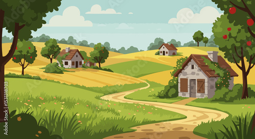 Rural landscape with rolling hills, fields, and rustic houses on a sunny day