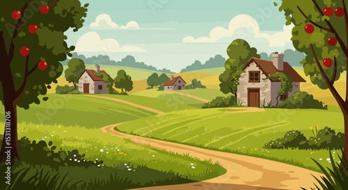 Illustration of a peaceful countryside with a winding dirt path, lush green grass, wildflowers, a tree with red fruits, rolling hills, and three quaint houses under a bright blue sky