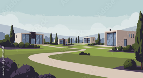 Modern residential neighborhood with winding path, green lawn, and distant mountains