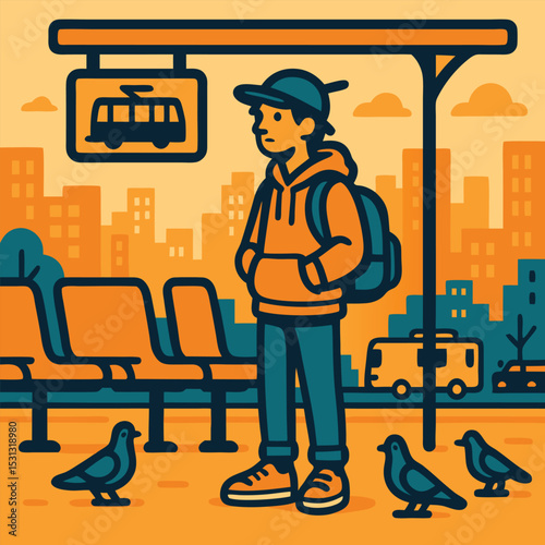 A young person stands at a tram stop vector icon illustration