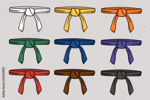 Cartoon martial arts belt rank color icon set, each representing a different rank and color. Perfect for instructional materials, websites, or educational resources about martial arts.
