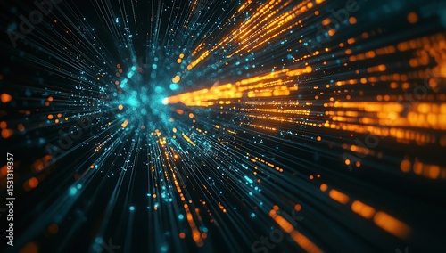 Abstract background with glowing lines and network connections in shades of dark blue, orange